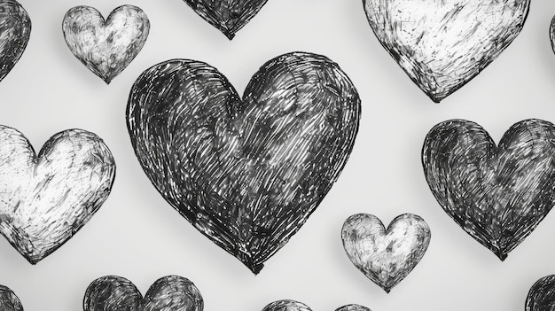 Photo black and white seamless modern hand drawn hearts