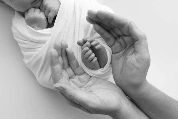 Black and white shade beautiful shape hands of mother hold tiny newborn baby feet on white background with love care family safety and protection child with premature birth concept or NICU care