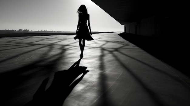 Black and white shadows on a bright road with a girl walking