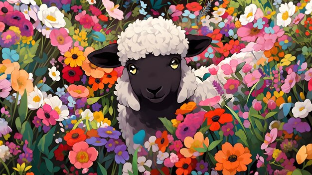 a black and white sheep in a flower garden