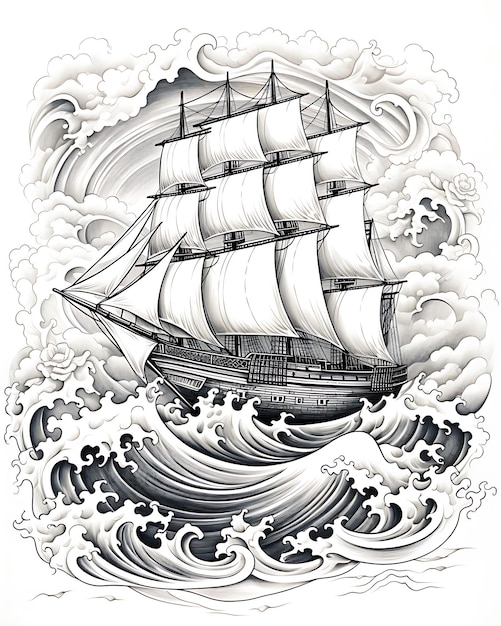 Black and White Ship in the Sea Image