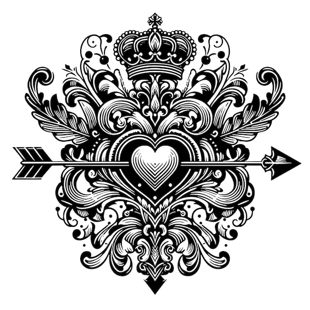 Black and white Silhouette of a amor arrow with ornaments and heart symbols