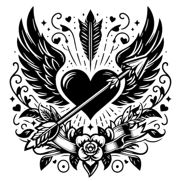 Black and white Silhouette of a amor arrow with ornaments and heart symbols