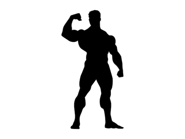 A black and white silhouette of a bodybuilding isolated on a solid white background