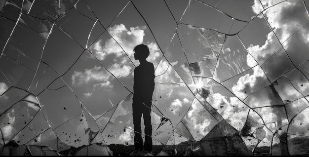 black and white silhouette of a boy against a field of shattered mirrors on a sunny day