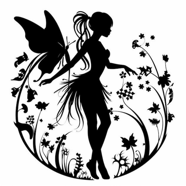 Photo a black and white silhouette of a fairy with butterflies generative ai