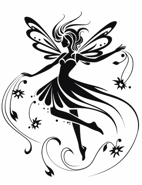 Photo a black and white silhouette of a fairy with a flower in her hand generative ai
