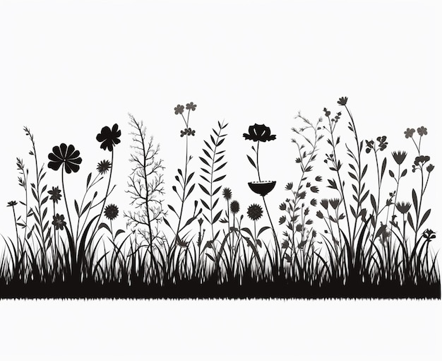 花と草の畑の黒と白のシルエット