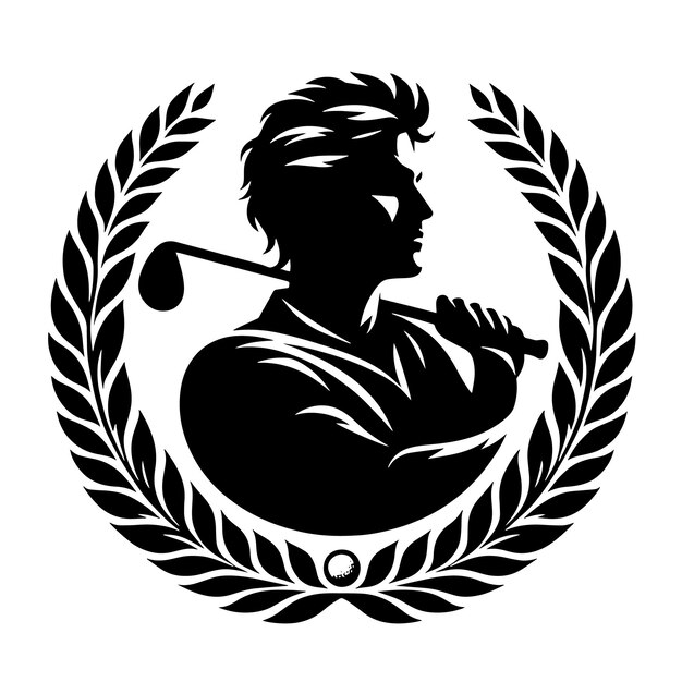 Black and white silhouette of a laurel wreath with a golf player champion symbol illustration
