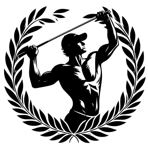 Black and white silhouette of a laurel wreath with a golf player champion symbol illustration