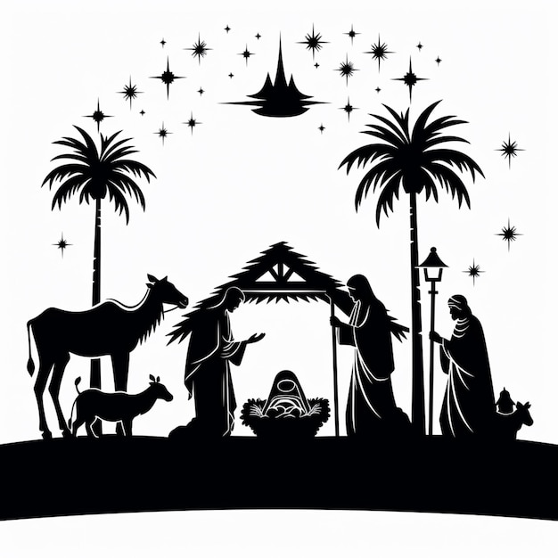 Foto una silhouette in bianco e nero di una scena della natività con un cavallo e una mangiatoia generativa ai