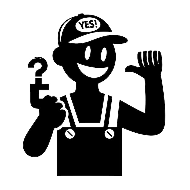 Black and white Silhouette of a plumber holding thumbs up and smiling Face