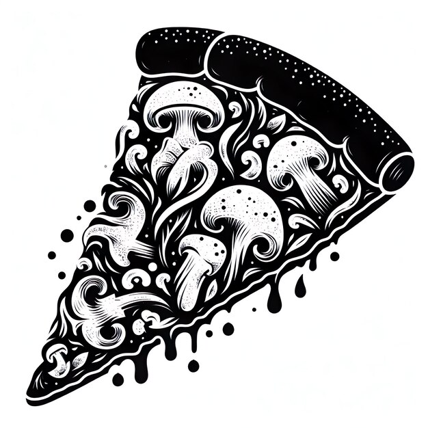 Black and white silhouette of a slice of pizza with pepperoni and cheese