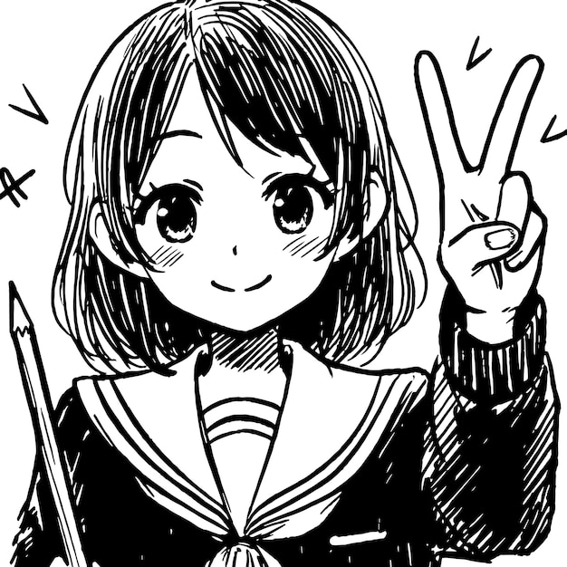 平和のサインを描いた学生の黒と白のシルエット