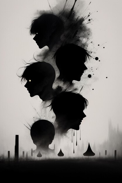 Black and white silhouette style contrast abstract people scene wallpaper background illustration