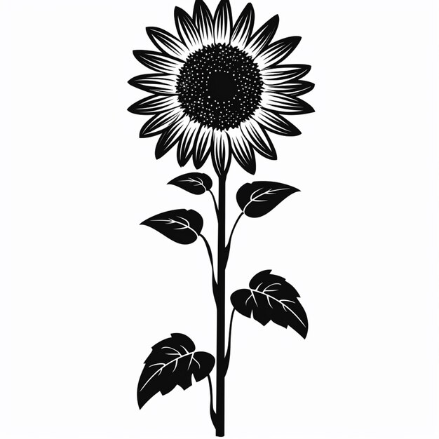 a black and white silhouette of a sunflower with leaves generative ai