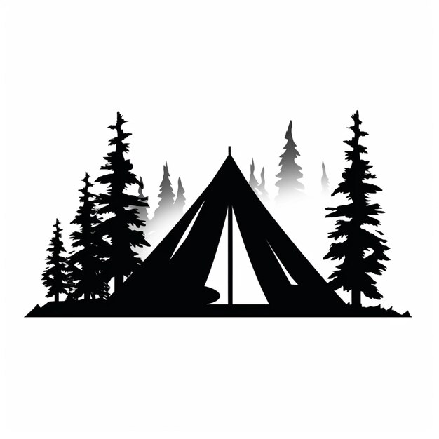 a black and white silhouette of a tent in the woods generative ai