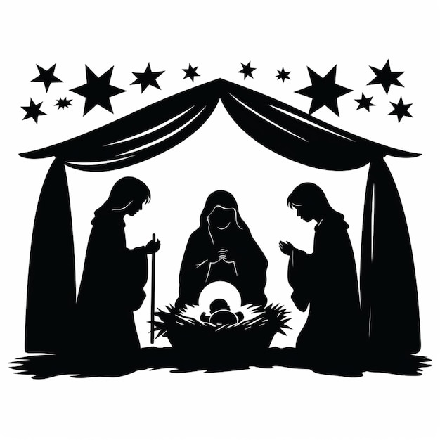 Photo a black and white silhouette of three people in a manger with a baby jesus generative ai