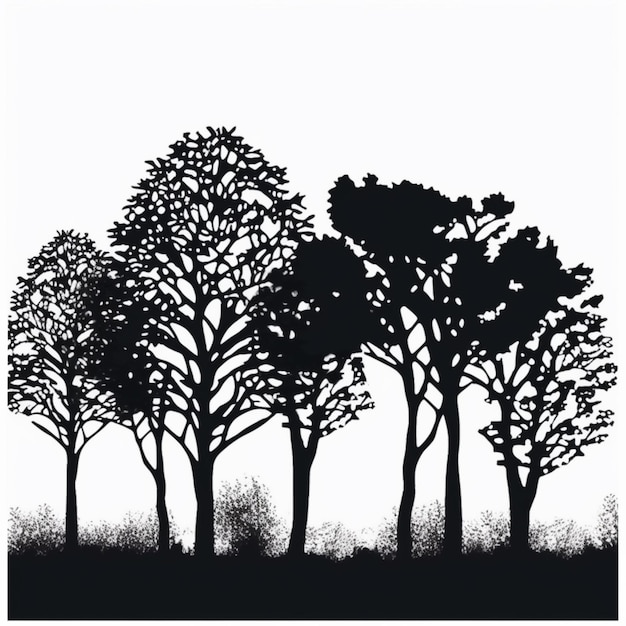 a black and white silhouette of trees in a field generative ai