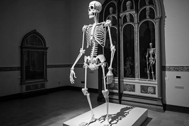 Black and white skeleton of the gigantic Nicolay Bourjois on display at the Kunstkamera Museum