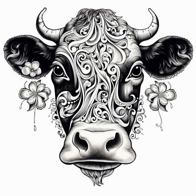 Photo black and white sketch illustration of a cow039s head