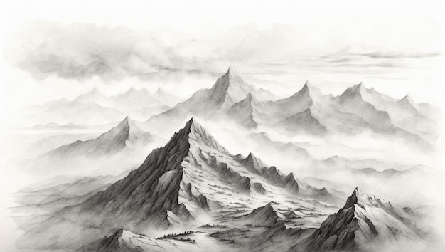 Photo black and white sketch of a mountain view when it is foggy seen from the top of the hill