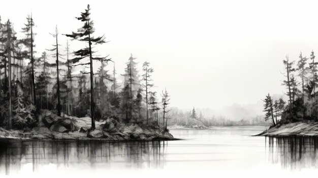 Photo black and white sketch of pine trees along water