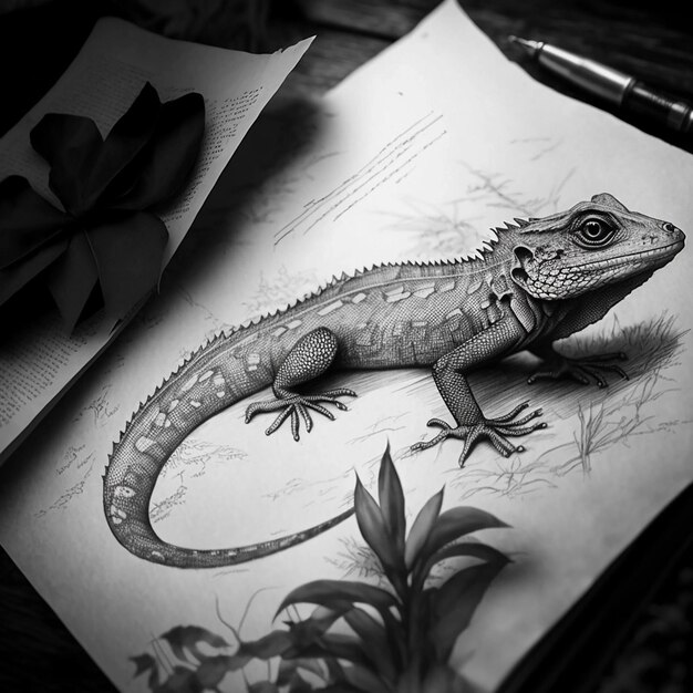 Black and white sketch of a reptile tattoo on a sheet of paper Made with AI