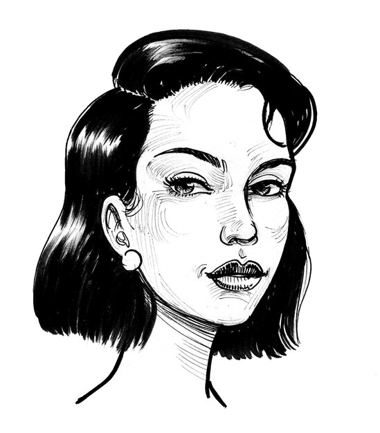 A black and white sketch of a woman with short hair and a short bob.