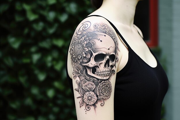 Black and white skull candy tattoo line ai generated