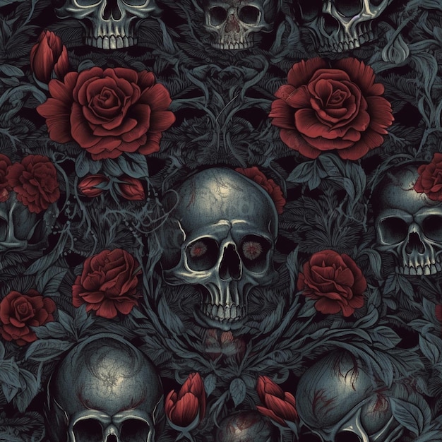 Photo a black and white skull wallpaper with roses and skulls.