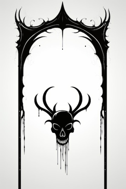 a black and white skull with horns and dripping blood in the middle of an ornate frame