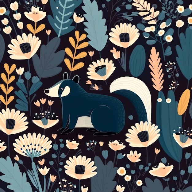 A black and white skunk sits among flowers.