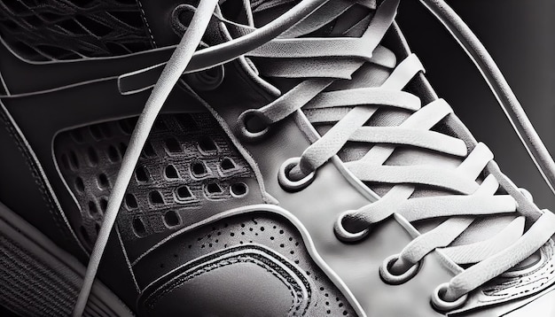 Black and white sneakers on a black background Closeup Generative AI