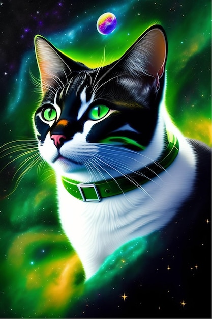 A black and white snowshoe kitten astronaut in out A cat is startled by the sight of a UFOan estel