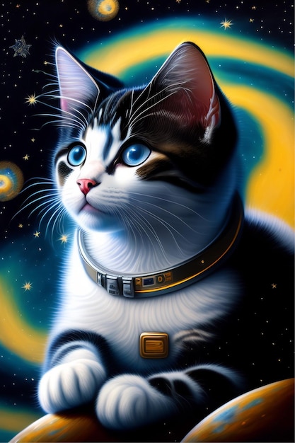 검은색과 색의 스노우슈 고양이 우주비행사가 나오고 고양이가 UFO 에스텔을 보고 놀랐다.
