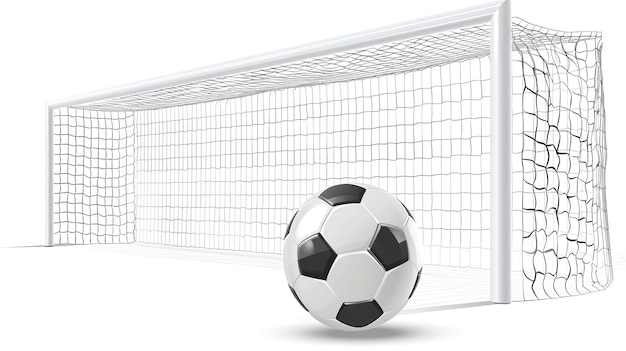 Photo black and white soccer ball in front of a goal on a white background the soccer ball is in the foreground and the net is in the background