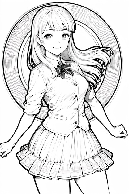Black and white solid color line drawing anime cute cartoon girl character illustration background