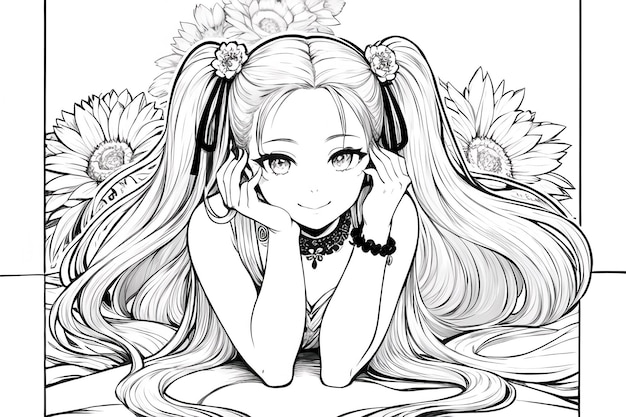 Black and white solid color line drawing anime cute cartoon girl character illustration background