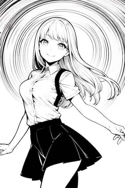 Black and white solid color line drawing anime cute cartoon girl character illustration background