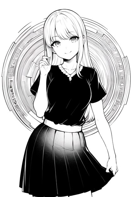 Photo black and white solid color line drawing anime cute cartoon girl character illustration background