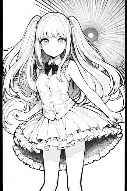 Black and white solid color line drawing anime cute cartoon girl character illustration background