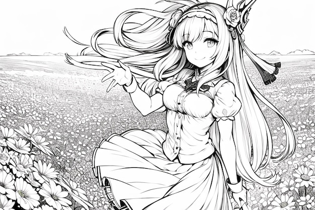 Черно-белая сплошная цветная линия рисунок аниме милый мультфильм девушка персонаж иллюстрации фона