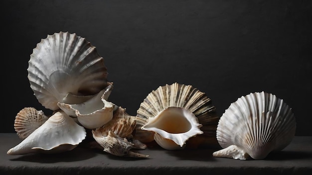 Photo black and white still life with three seashell of muricidae family in harsh light on dark background