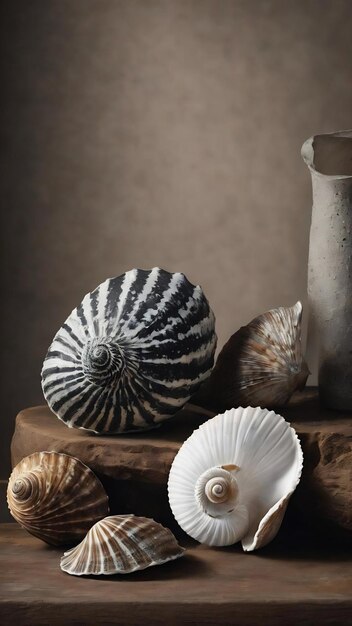 Photo black and white still life with three seashell of muricidae family in harsh light on dark background