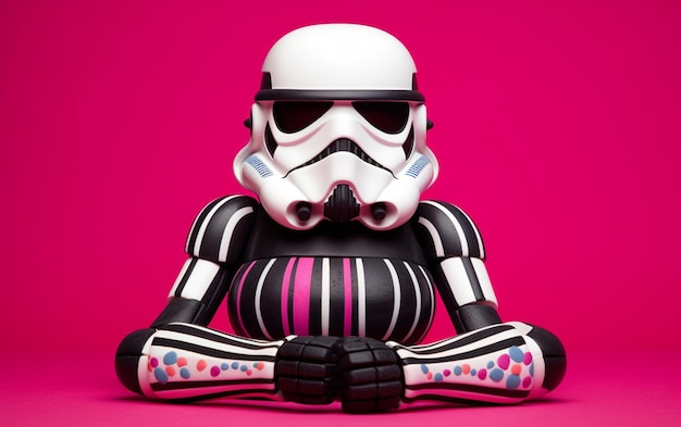 A black and white storm trooper with a pink background