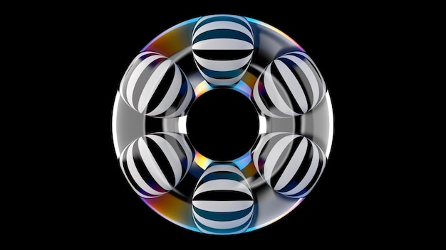 Black and white striped balls inside glass circle shape Abstract illustration 3d render