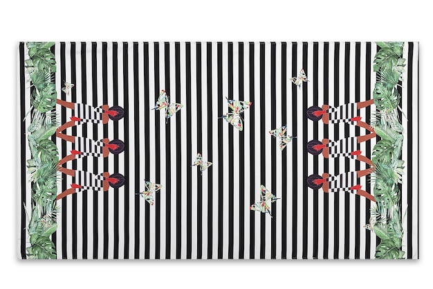 Black and white striped rug with a floral pattern.