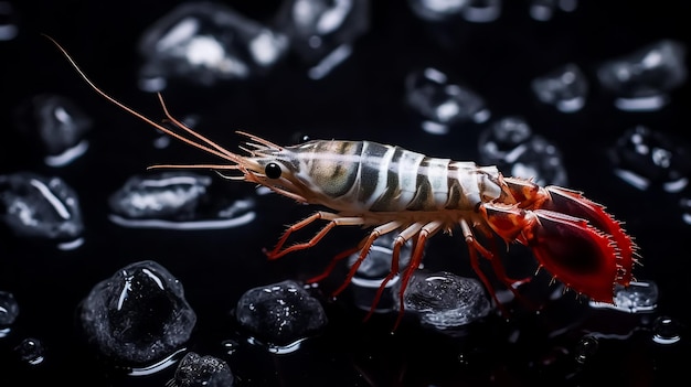 A black and white striped shrimp is swimming in water.