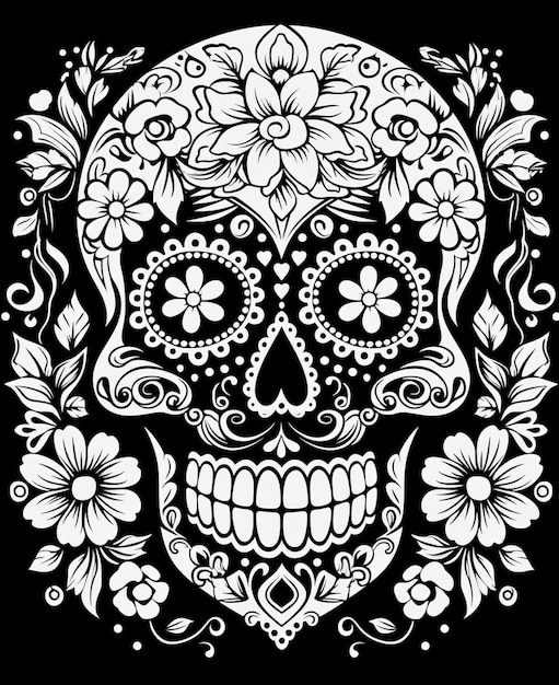 a black and white sugar skull with flowers and butterflies generative ai